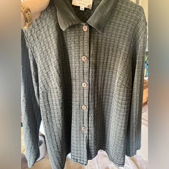 Vtg Earth Song Women's Plus Size 2XL Gray Button Front shirt Top Boho Collared - Picture 2 of 3